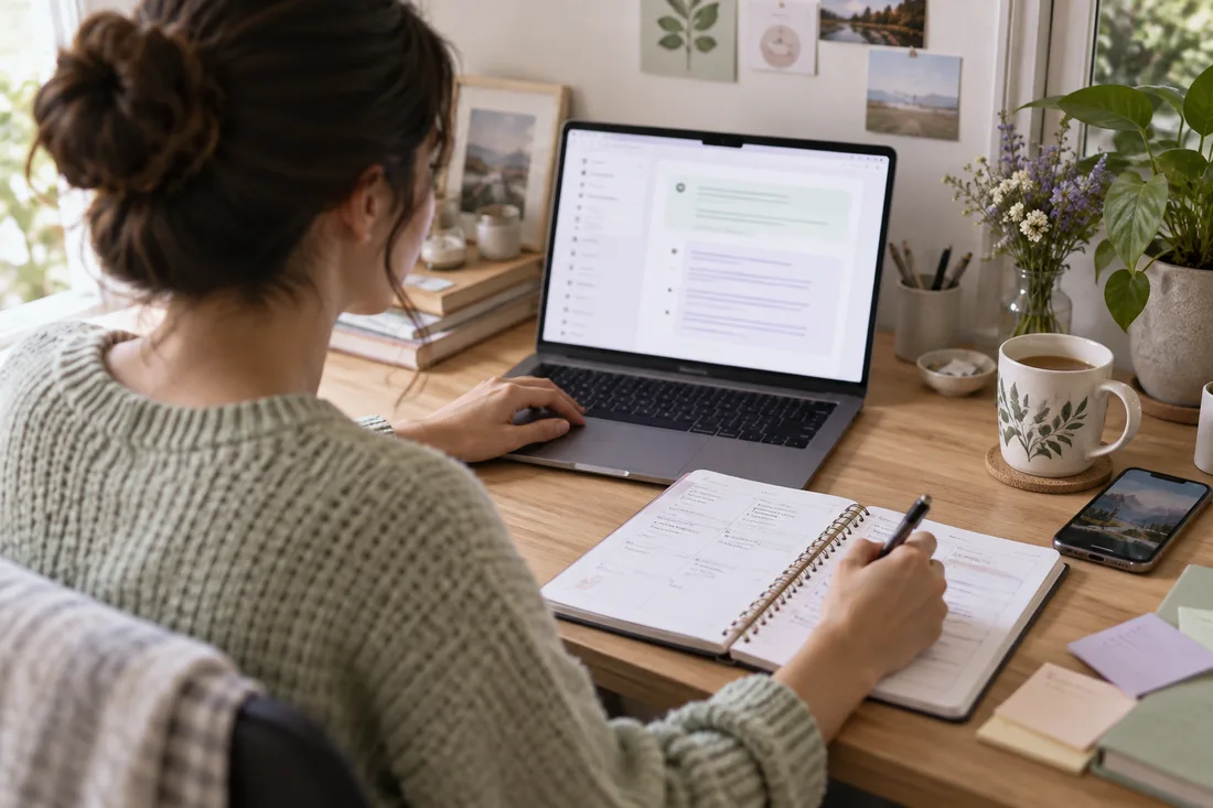 Een vrouw die een digitaal AI-voorstel vergelijkt met haar papieren weekplanner