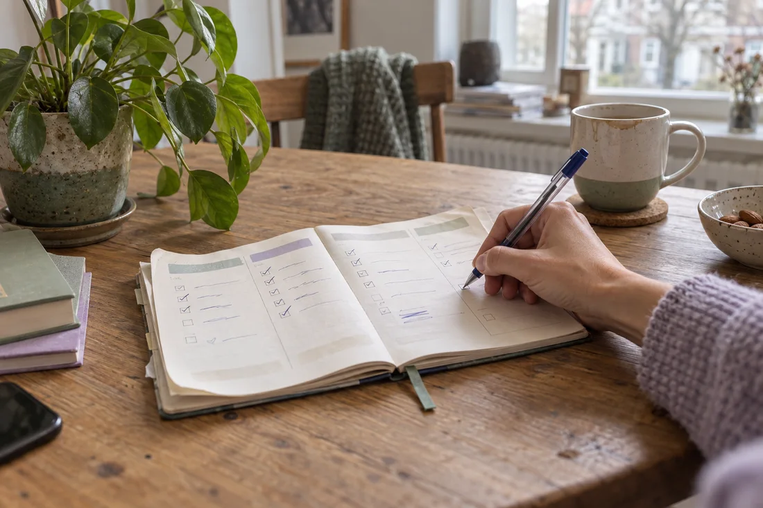 Een open planner op een houten tafel terwijl iemand een taak afvinkt