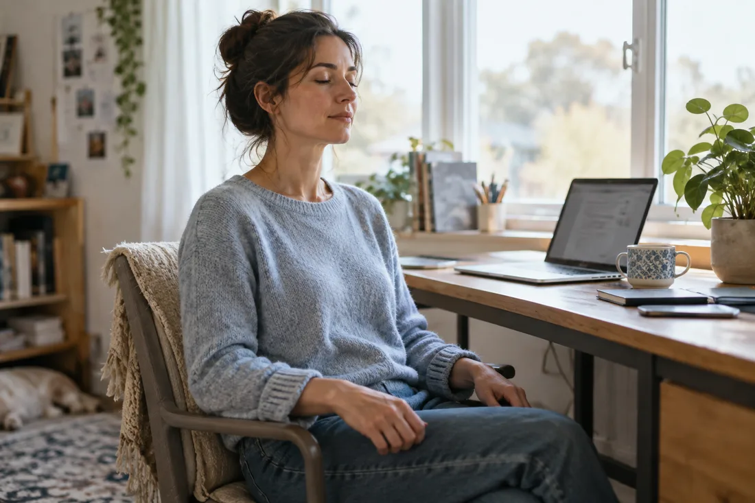 Een vrouw die bij haar thuiswerkplek bewust een rustige adempauze neemt
