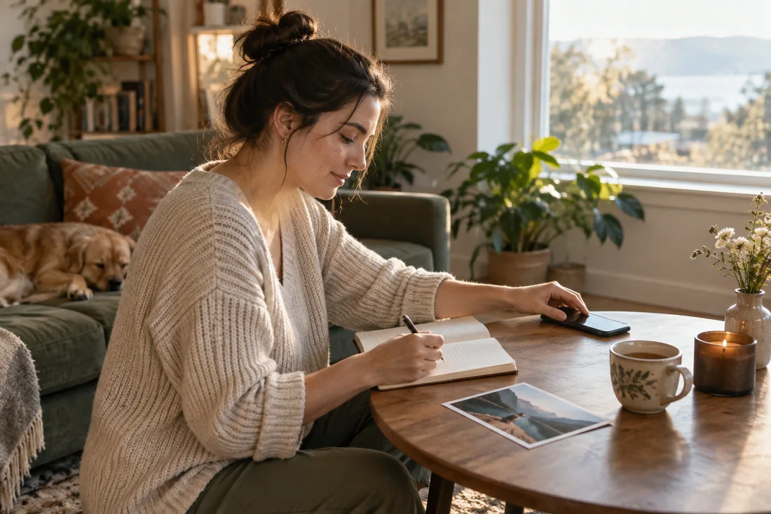 Een vrouw die haar telefoon weglegt en rustig in een dagboek schrijft