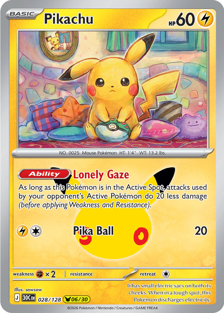 Voorkant van Pikachu met Lonely Gaze, 30th Celebration, kaart 028/128 en Pikachu-reeks 06/30